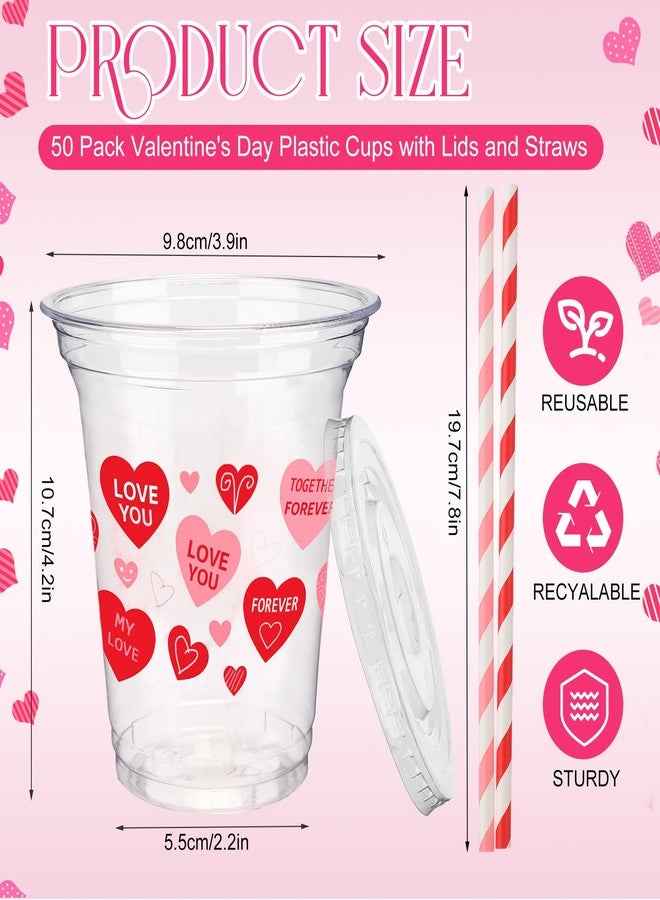 Ferrochef 50 Set 12 oz Valentine's Day Disposable Plastic Cups with Lids and Paper Straws Pink Red Heart Love Cups for Beverage Drinking Hot Cold Coffee Wedding Birthday Anniversary Party Supplies - Image 2
